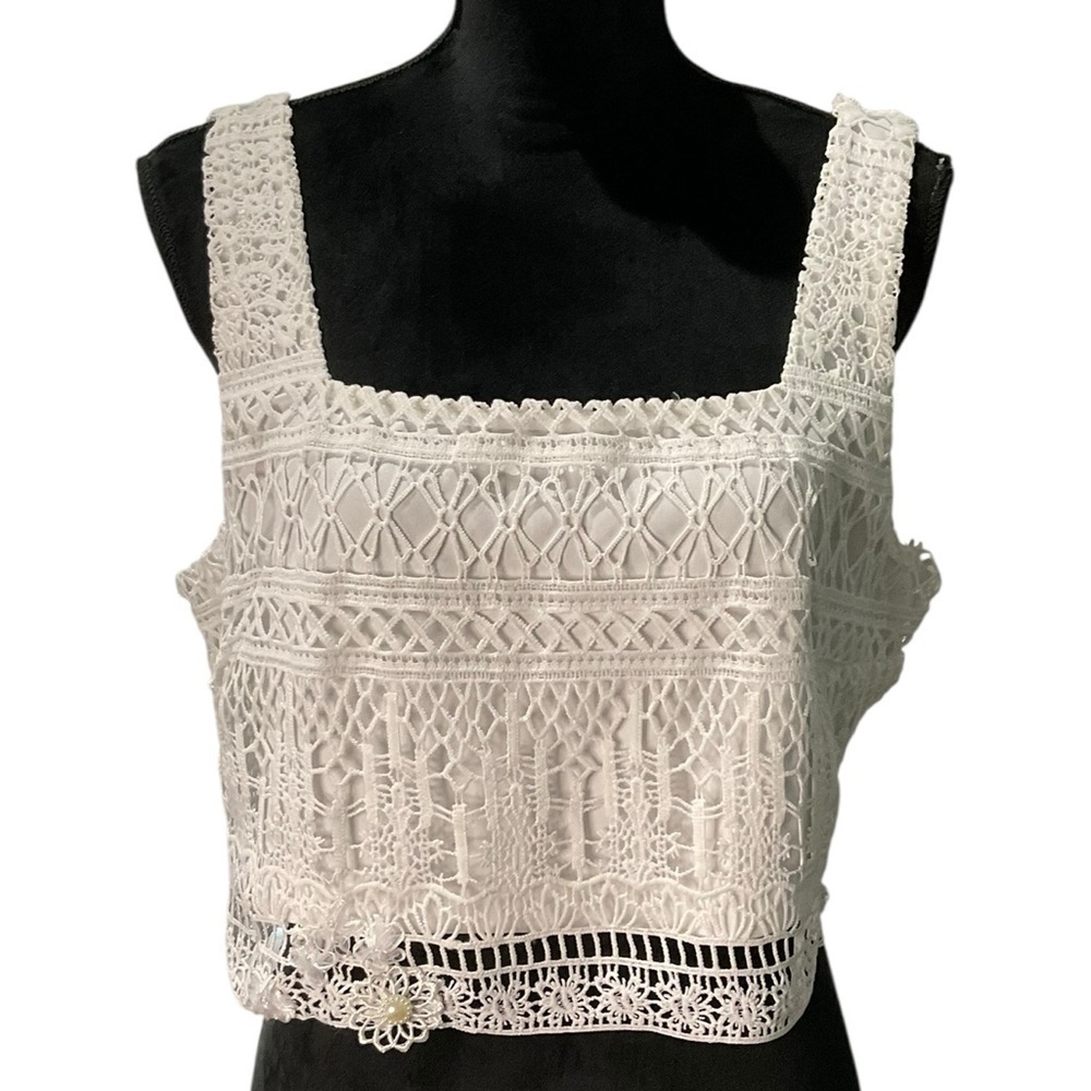 Lulu's Cream Crocheted Sleeveless Cropped Tank Top - As Is